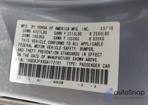 2016 Honda Accord Ex-L из США, поврежденный, VIN 1HGCR2F9XGA172191